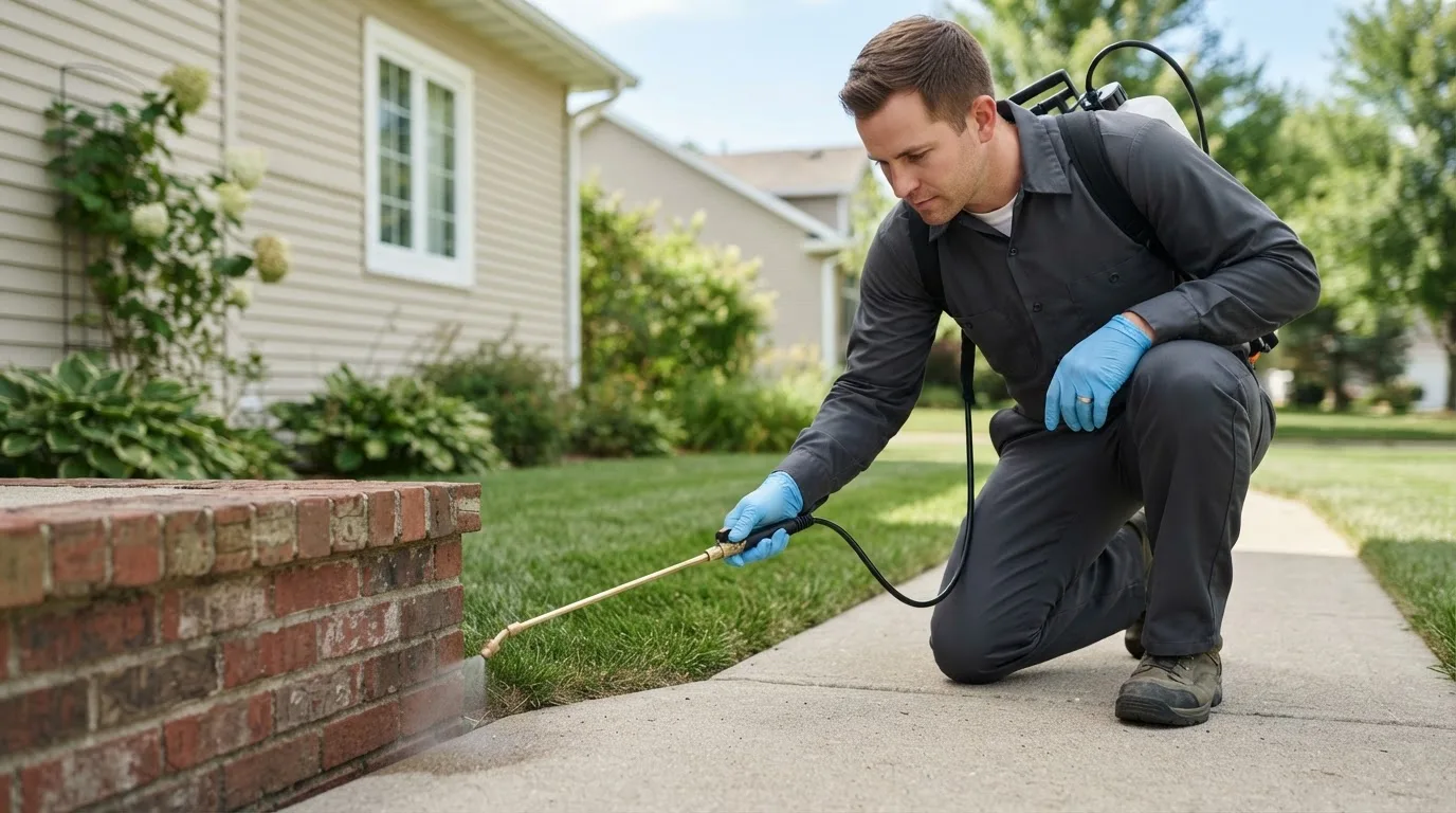 Pest control technician treating a home near Utica, PA
